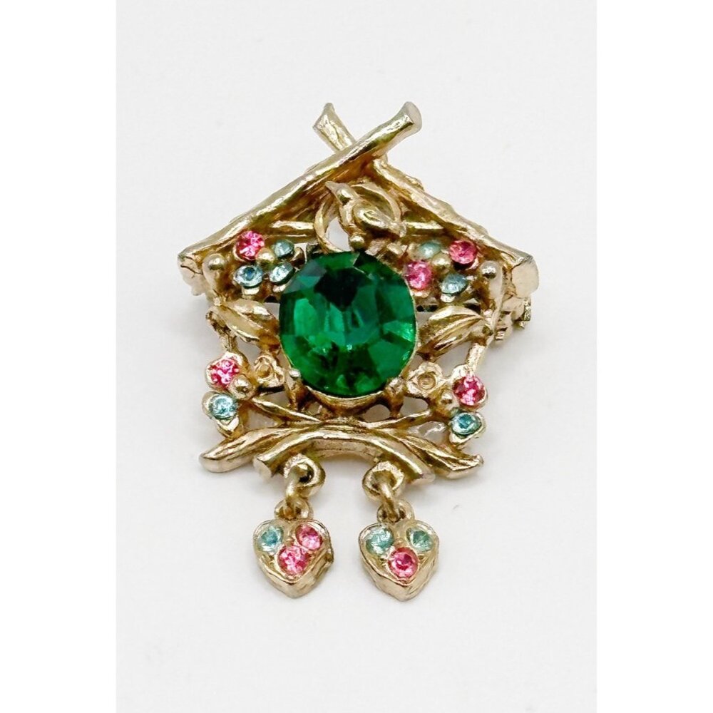 Vintage Unsigned CORO Cuckoo Clock Pin Green Glass Pastel Rhinestones